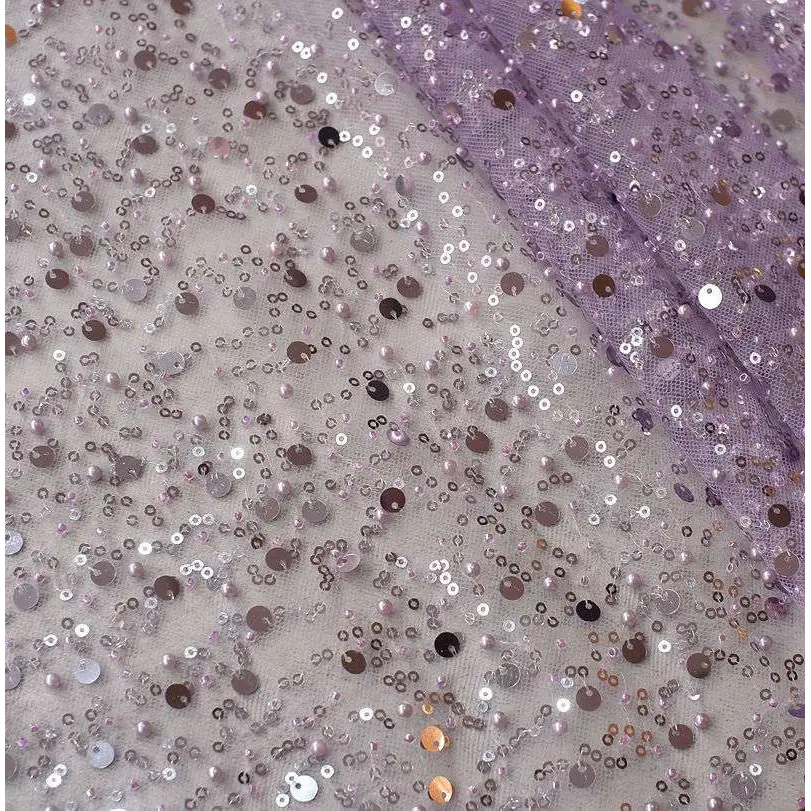 Lavender lace asymmetric dress featuring pearl embroidery lace with dazzling gold sequined accents and scattered dark tones