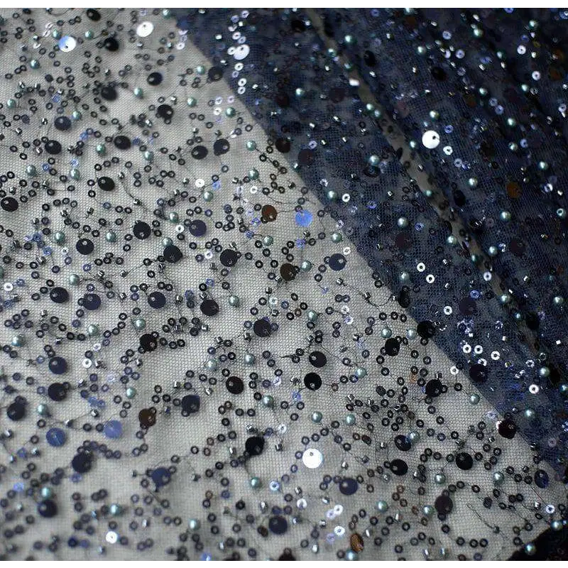 Sequined pearl embroidery lace asymmetric dress featuring navy blue and silver mesh with dazzling gold sequined accents