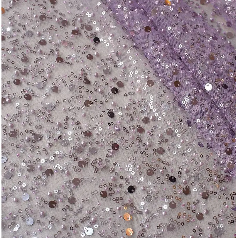 Lavender lace asymmetric dress featuring pearl embroidery lace with dazzling gold sequined accents in silver rose gold and black