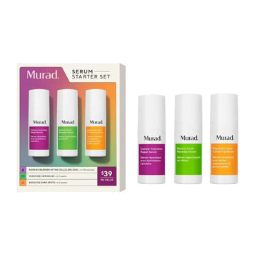 Murad serum starter kit with three white cylindrical bottles featuring colorful labels for wrinkles dark spots