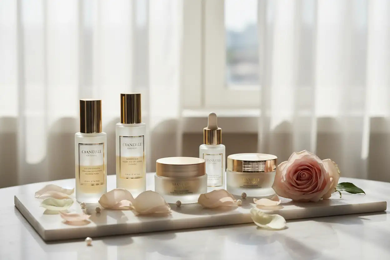 A set of elegant, transparent glass skincare bottles with gold caps and labels arranged on a marble tray alongside rose petals.