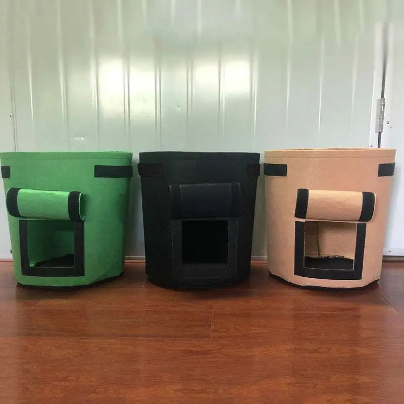 Set of 3 fabric potato planting bags in green black and beige with windows and contrasting black trim