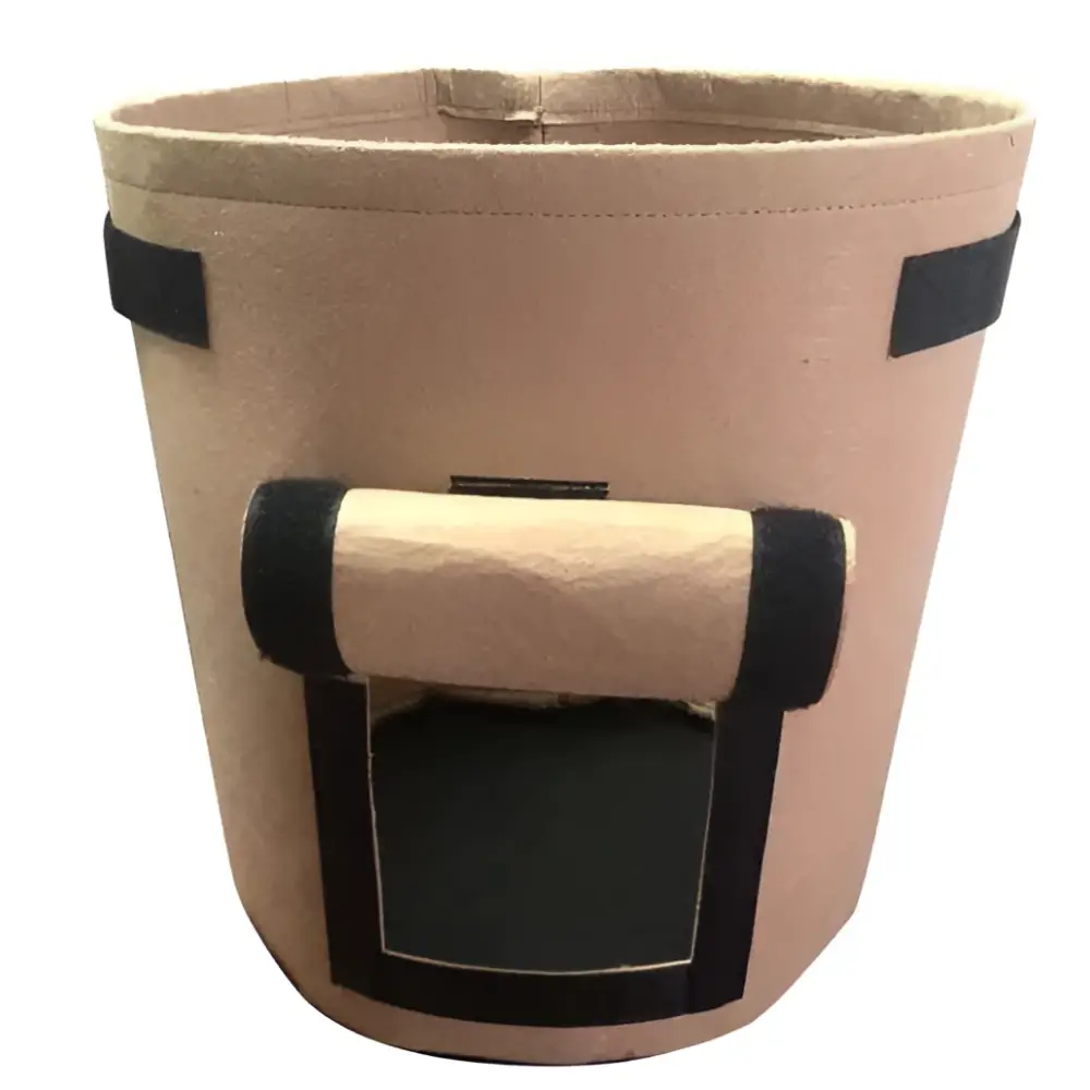 Beige fabric planting bag with black reinforced straps and roll-top handle for potato planting bags set of 3 with windows