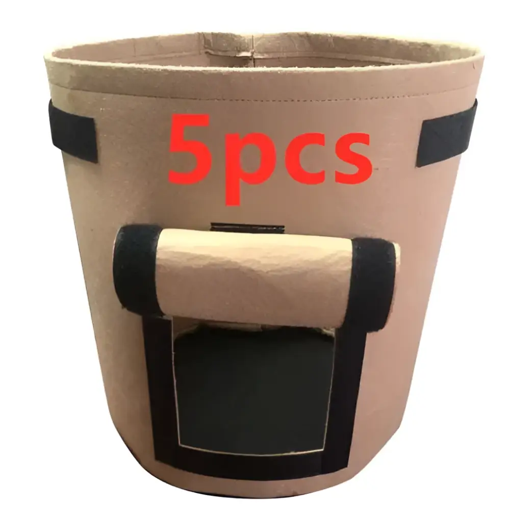 Beige fabric planting bag potato with black reinforced straps and roll-top closure from set of 3 potato planting bags with windows