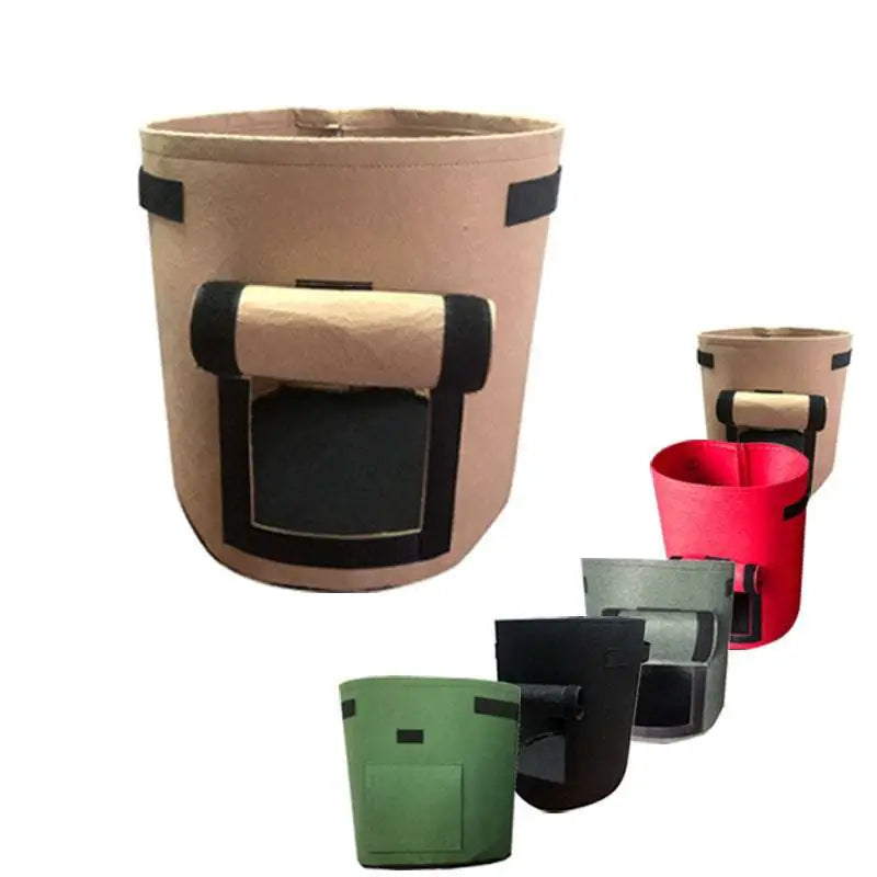 Beige fabric planting bag potato with black trim and roll-top flap in a set of 3 potato planting bags with windows