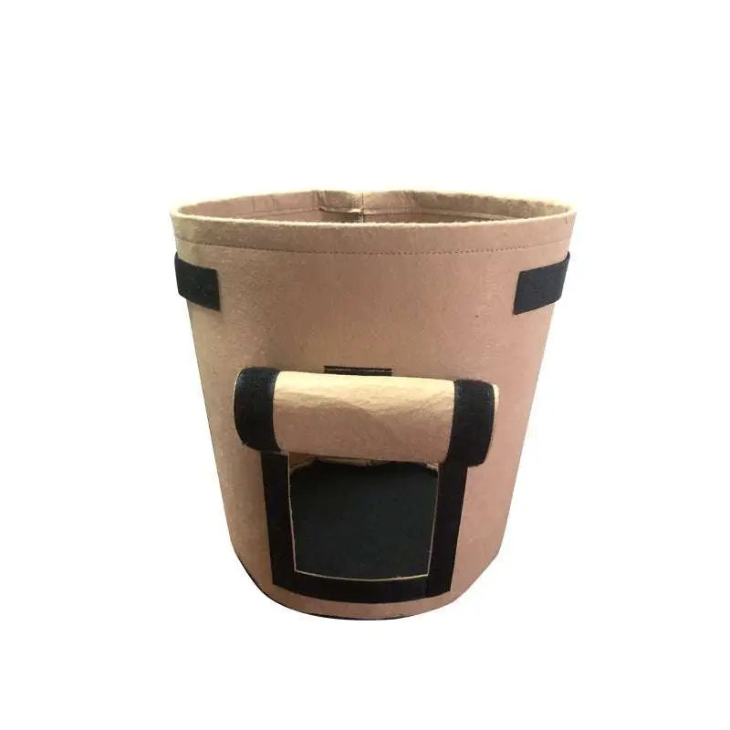 Beige fabric planting bag potato with black reinforced straps and roll-top closure for potato planting bags set of 3