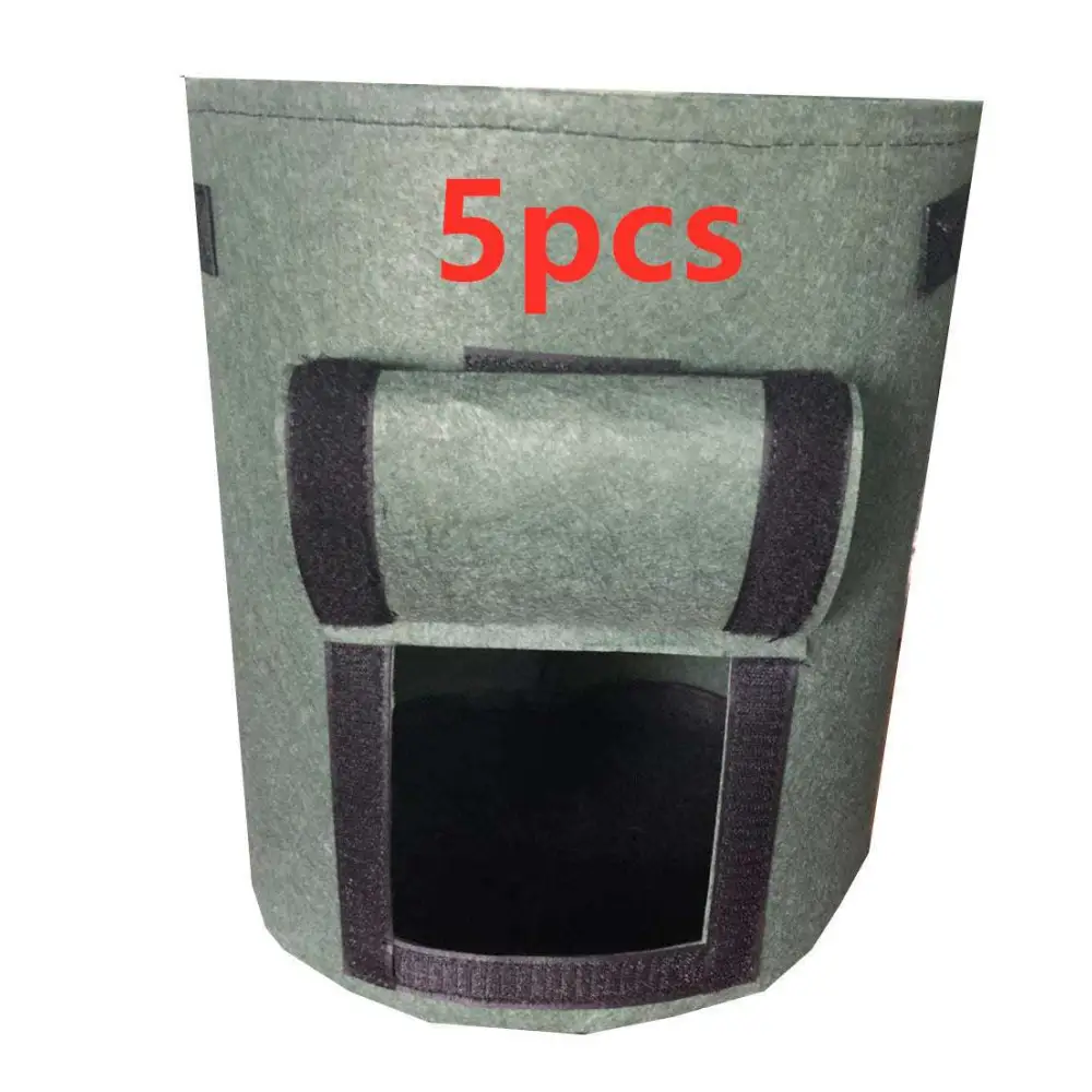 Gray felt fabric planting bag with black trim and roll-up flap in a set of 3 potato planting bags with windows