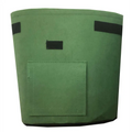 Green fabric planting bag with black adhesive strips and stitched pocket for potato planting bags with windows