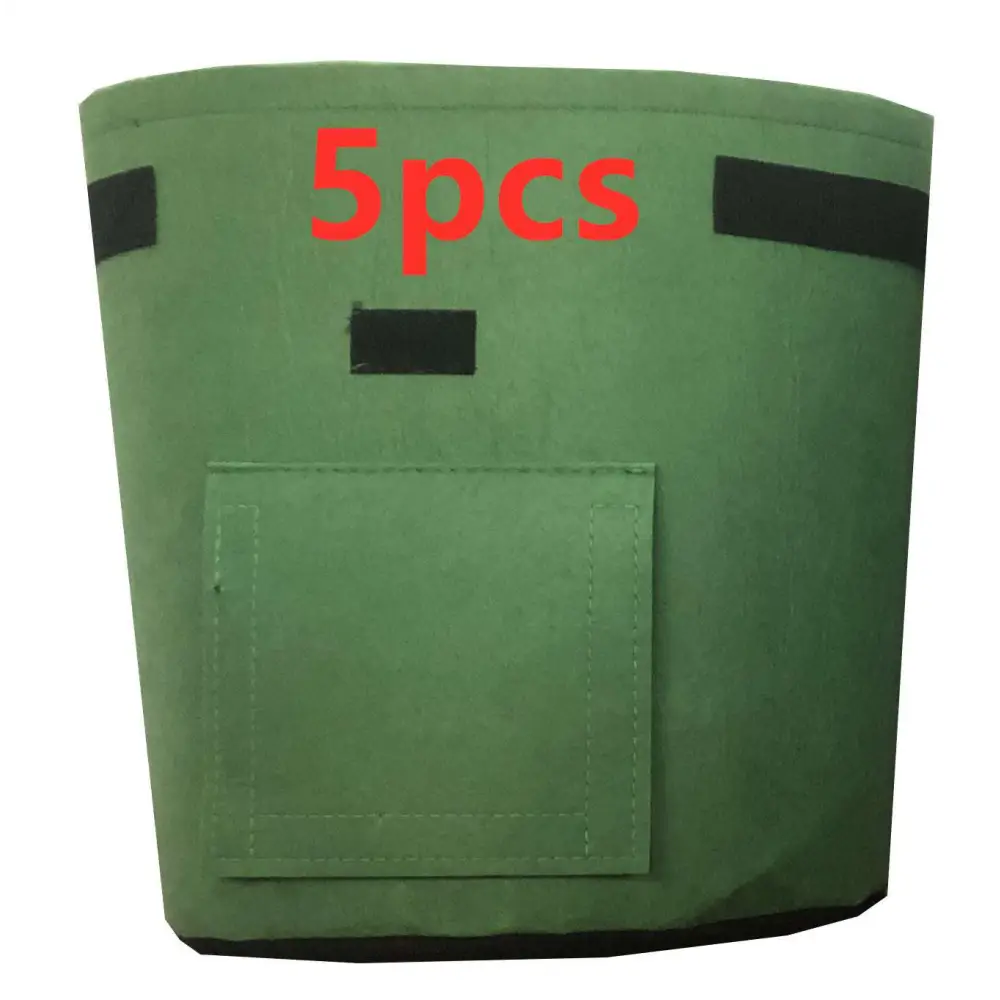 Green fabric planting bag with black velcro strips and a front pocket from set of 3 potato planting bags with windows