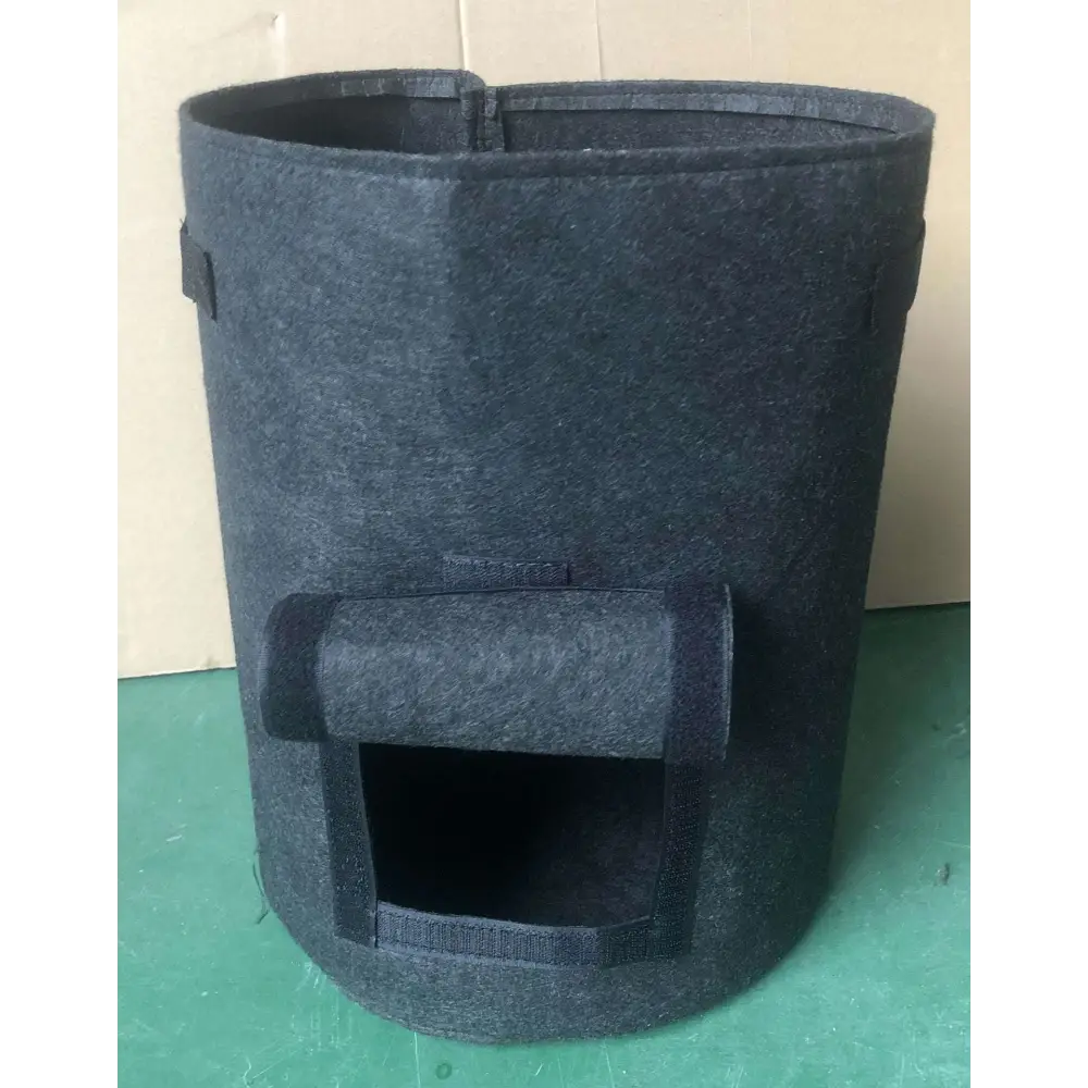Dark gray felt fabric planting bag with cylindrical shape front flap and side handles for potato planting bags set
