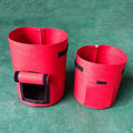 Set of 3 red fabric planting bags for potato with black trim, zipper closures, and inspection windows