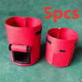 Set of 3 red fabric planting bag potato pots with black trim roll-top lids and windows for potato planting bags