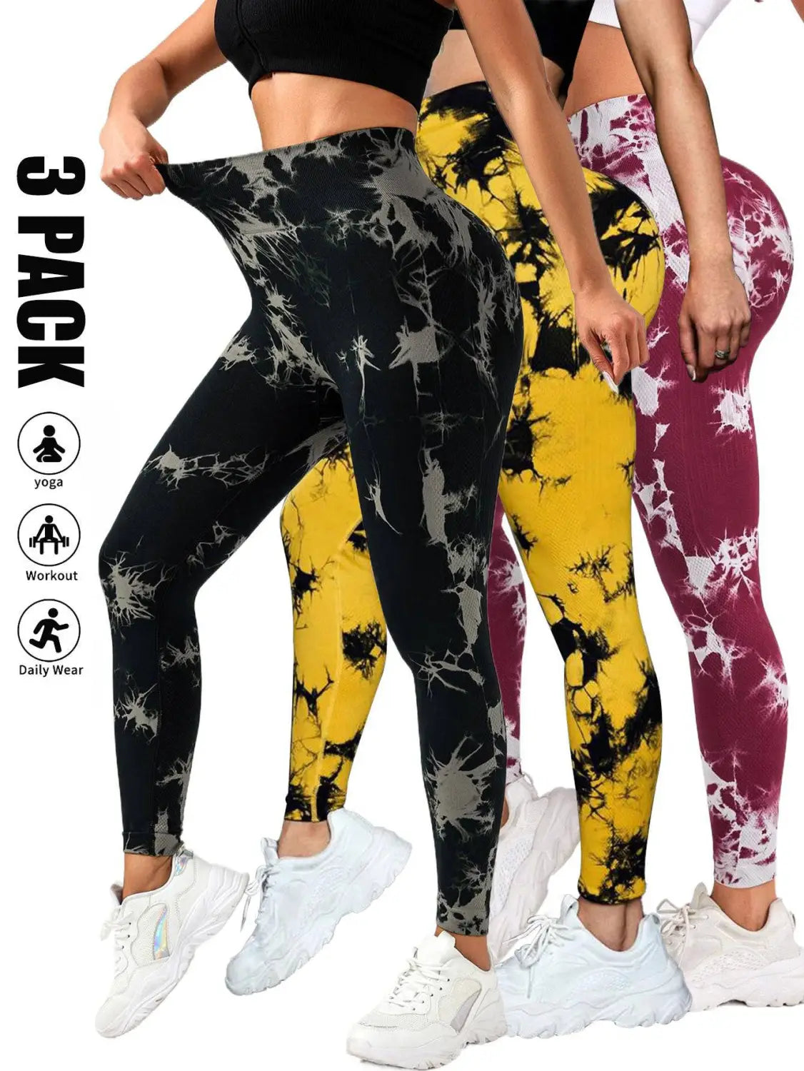 Set of three high waist tie-dye leggings in black, yellow, and maroon with a gray splatter pattern designed for fitness attire performance enhancement.