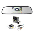 Black rearview mirror with built-in seven-inch wireless camera display showing white car parking guidance lines