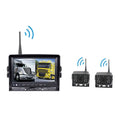 Black seven-inch wireless rear view camera system with analog signal featuring two compact cameras and a 7-inch monitor displaying truck views