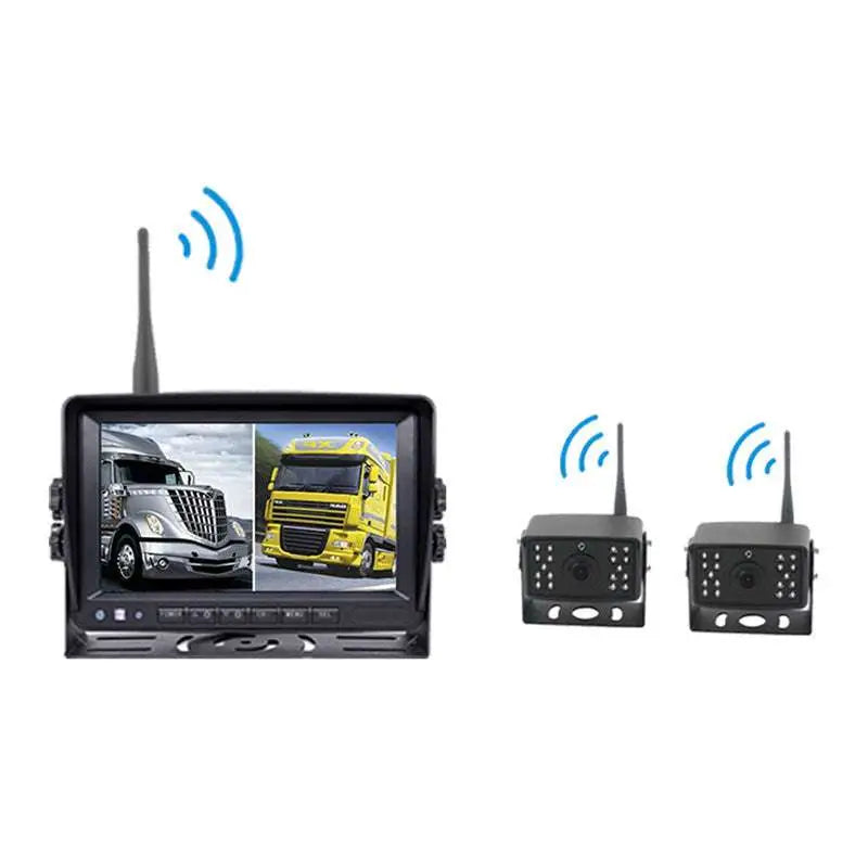 Black seven-inch wireless rear view camera system with analog signal featuring two compact cameras and a 7-inch monitor displaying truck views