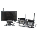 Black seven-inch wireless rear view camera system with analog signal monitor and two led light wireless rear cameras