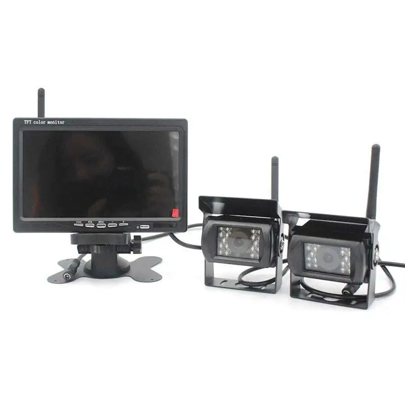 Black seven-inch wireless rear view camera system with analog signal monitor and two led light wireless rear cameras