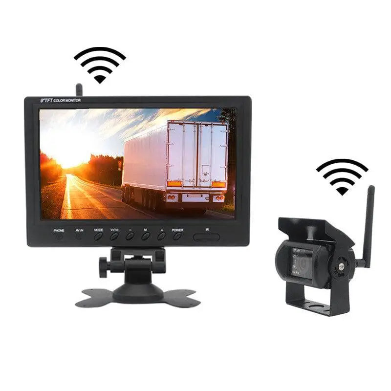 Black 9-inch wireless truck backup camera system with seven-inch wireless monitor and rear view camera analog signal