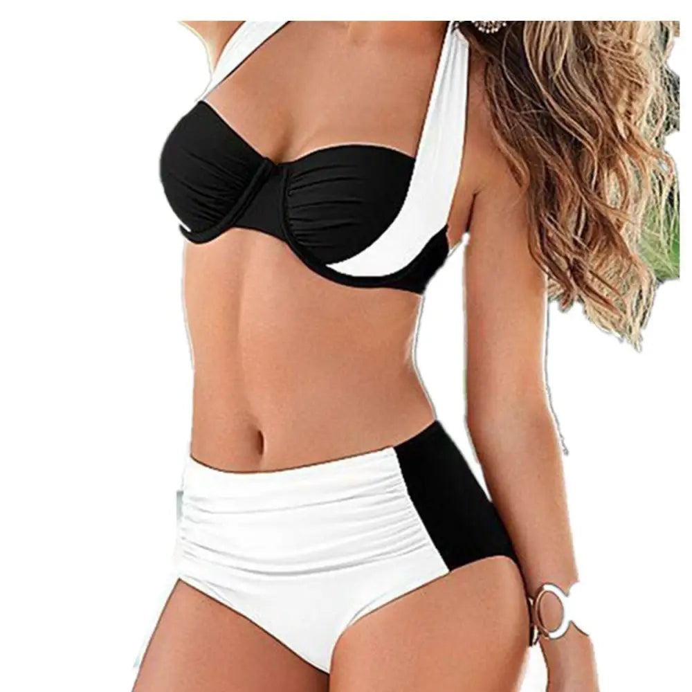 Black and bright blue two-piece sexy bikini swimwear with ruched detailing and high waist for a stylish beach look