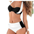 Black and white two-piece sexy bikini with ruched detailing on top and high-waisted bottoms for swimwear