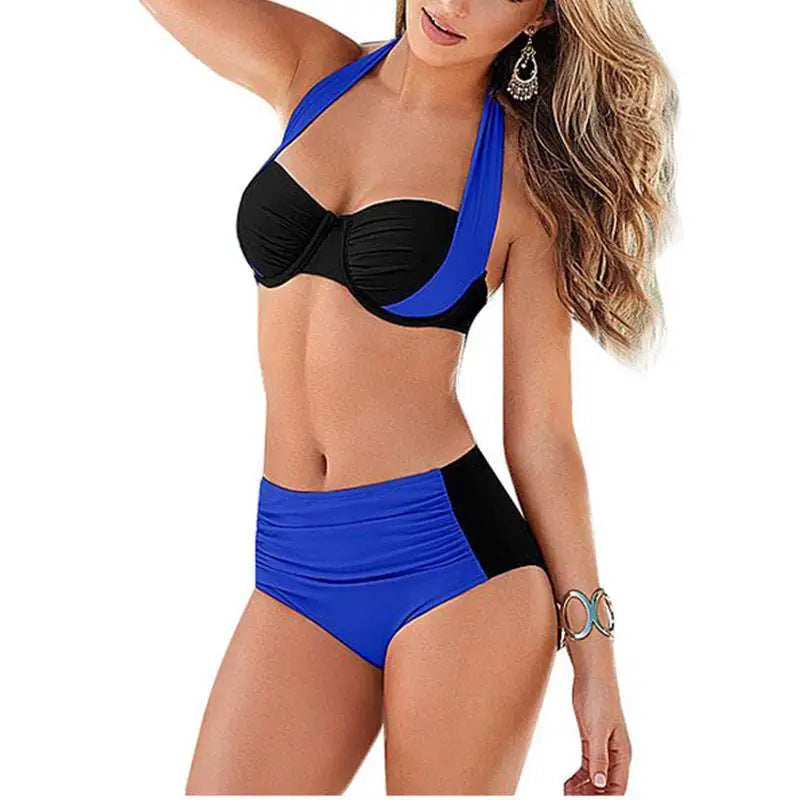 Black and royal blue two-piece sexy bikini swimwear with halter top and high-waisted ruched detailing bottoms