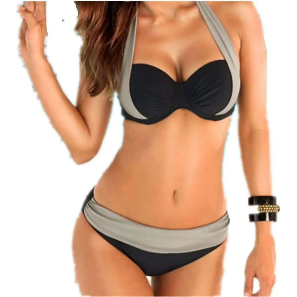 Black and gray two-piece sexy bikini swimwear with sweetheart neckline halter top and high-waisted ruched bottoms