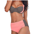 Sexy bikini swimwear two-piece with gray and pink ruched detailing and high-waisted bottoms for a stylish look