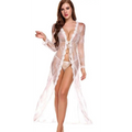 A sheer white lace dress with long sleeves and floral embroidery, styled as a bathrobe lace dress