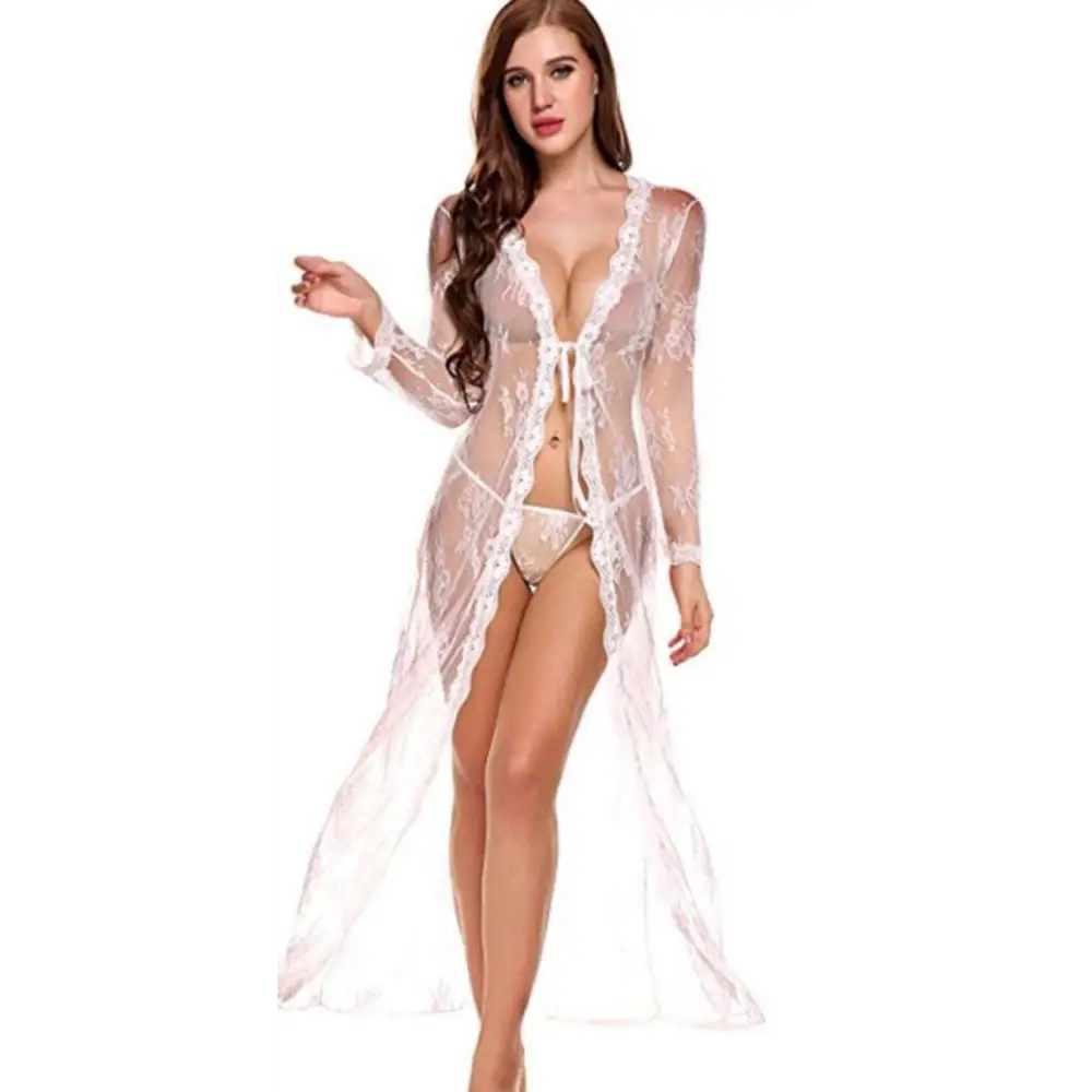 A sheer white lace dress with long sleeves and floral embroidery, styled as a bathrobe lace dress