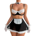 Sexy french maid lace lingerie set in black and white with sheer skirt, bralette, apron, choker, and gloves for teddy lingerie use