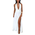 Sexy halter high white beach long dress with deep v-cut and high slit for elegant summer occasions