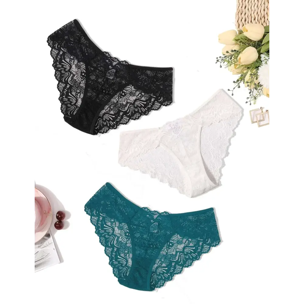 Three lace-trimmed sexy hipster panties in black white and teal pack lace underwear for comfortable daily wear