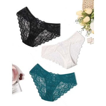 Three lace-trimmed sexy hipster panties in black white and teal pack lace underwear for comfortable daily wear
