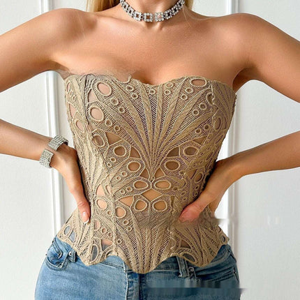 Sexy Hollow Out Corset Top Women Lace Double - layer Streetwear Party Club Corset Clothing - Royalessencelux