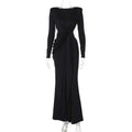 Black long sleeve dress featuring a draped front knot and off-the-shoulder neckline in a sexy evening gown style
