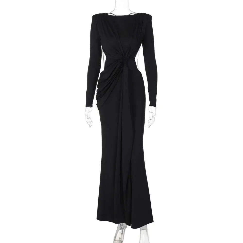Black long sleeve dress featuring a draped front knot and off-the-shoulder neckline in a sexy evening gown style