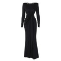A sleek black long sleeve dress featuring a twisted waist detail and off-the-shoulder neckline for evening wear