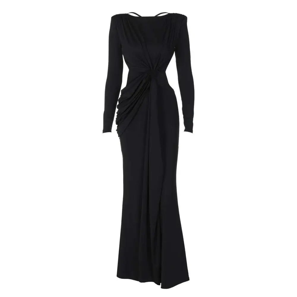 A sleek black long sleeve dress featuring a twisted waist detail and off-the-shoulder neckline for evening wear