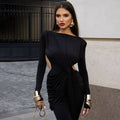 Black long sleeve dress featuring asymmetrical cutouts and a draped knot detail for a sexy hot girl look
