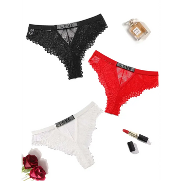 Sexy lace cheeky panties in black red and white lace with a love band by avidlove women sexy collection