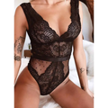 Black lace bodysuit featuring sexy lace stitching with intricate floral patterns and a sheer stitching mesh floral panel
