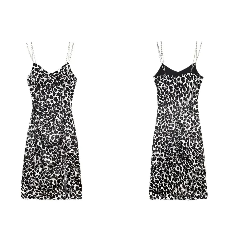 Black and white white leopard print satin slip dress with leopard print chain straps for a sexy look