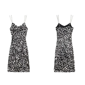 Black and white white leopard print satin slip dress with leopard print chain straps for a sexy look