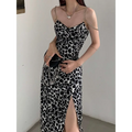 Black and white white leopard print satin slip dress with thin gold leopard print chain straps for sexy appeal
