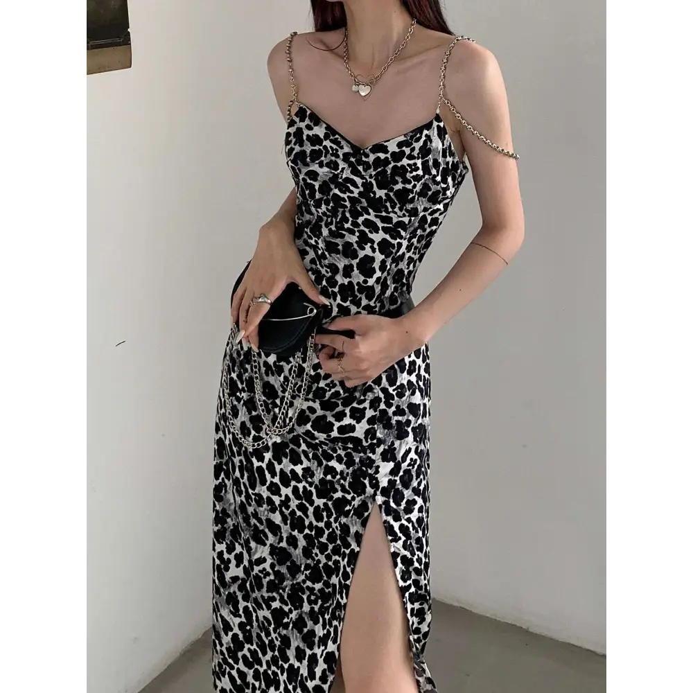 Black and white white leopard print satin slip dress with thin gold leopard print chain straps for sexy appeal
