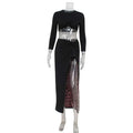 Black long-sleeved crop top and high-waisted skirt set with sheer leopard print panel in sexy navel leopard sleeve dress suit