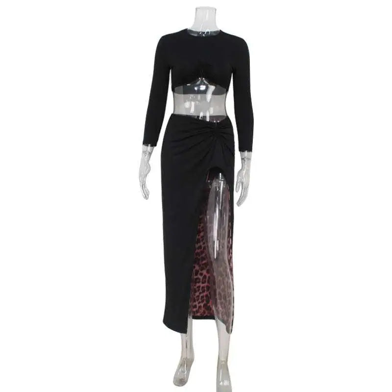 Black long-sleeved crop top and high-waisted skirt set with sheer leopard print panel in sexy navel leopard sleeve dress suit