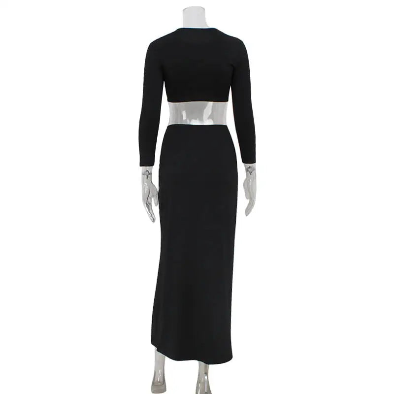 Black long-sleeved crop top and high-waisted skirt set featuring a sexy navel leopard print long sleeve dress suit design