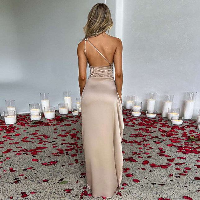 Sexy One - shoulder Backless Slit Dress Summer Elegant Slim - fit Solid Color Satin Dresses For Women - Royalessencelux